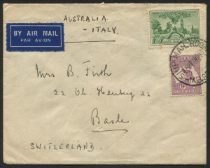 COMMONWEALTH OF AUSTRALIA: Other Pre-Decimals: 1936 1/- SA Centenary BW:173 (Cat. $200 on cover) plus CofA 9d Roo on cover to Switzerland, endorsed "AUSTRALIA - ITALY" for airmail service, stamp tied by SHIP ROOM MELBOURNE '26NO36' datestamp. Attractive colour combination franking, few trivial tonespots.