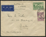COMMONWEALTH OF AUSTRALIA: Other Pre-Decimals: 1936 1/- SA Centenary BW:173 (Cat. $200 on cover) plus CofA 9d Roo on cover to Switzerland, endorsed "AUSTRALIA - ITALY" for airmail service, stamp tied by SHIP ROOM MELBOURNE '26NO36' datestamp. Attractive c