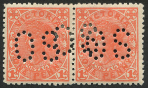 VICTORIA: 1905-13 (SG 417; BW:V44ba) 1d rose-red perforated OS pair with the OS perfin doubled centrally, this variety not recorded in Brusden White. Unusual.