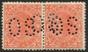 VICTORIA: 1905-13 (SG 417; BW:V44ba) 1d rose-red perforated OS pair with the OS perfin doubled centrally, this variety not recorded in Brusden White. Unusual.