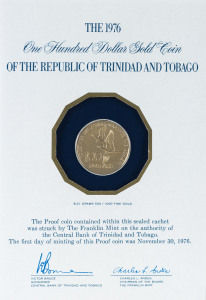 Coins - World: Trinidad & Tobago - Coins: Trinidad & Tobago $100 Ibises proof gold coin in Franklin mint presentation wallet, 1976, 6.21grams of 500/1000 (12k) fine gold, Unc.