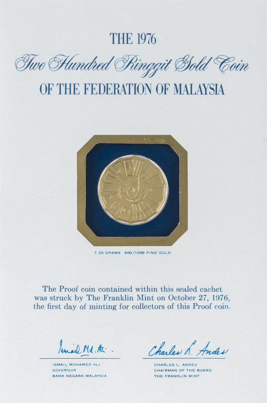 Coins - World: Malayan Region - coins: MALAYSIA: "Third Malaysia Plan" 200r Proof in Franklin Mint presentation wallet, 1976, 7.30grams of 900/1000 fine gold, Unc.