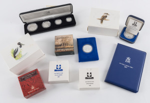 Coins - Australia: Decimal Proofs: SILVER PROOFS: comprising 1988 "Masterpieces in Silver" $5, $2, $1 & 50c coin set (damaged case), $10 State Series for 1985, 1986, 1987 (damaged case) & 1992 plus 1992 Penguins (no case); also 1989 & 1991 $10 Birds piedforts and 1995 $1 'Waltzing Matilda' and 1977 Silver Jubilee visit medal (10 items)