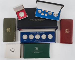Coins - World: British Commonwealth selection comprising 1977 Coronation Jubilee Crown set of 5 silver proofs, Canada 1976 Montreal Olympics uncirculated sterling silver $5 (2) & $10 (2), Cook Islands 1976 PNC with $5 silver proof, Malta 1979 ten coin proof set, Solomons 1977 seven coin set plus uncirculated $2, $5 & $10 banknotes inset within first day covers and 1978 seven coin proof set, Trinidad & Tobago 1976 eight coin proof set plus 1976 $10 silver proof, some items damaged casing, coins