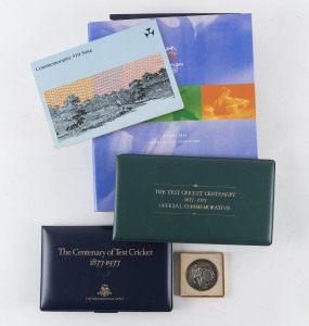 Coins & Banknotes: Australia - Miscellaneous: Eclectic array with 1988 $10 Polymer note with AA prefix Unc in presentaion folder, 1977 Test Centenary PNCs (2) one with a sterling silver proof, 1929-30 Stokes & Sons medallion presented by Education Departm