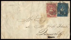 VICTORIA - Postal History: 1855 (Oct. 8) cover to Queenscliff with Campbell & Fergusson 1d deep lilac-rose (complete margins) & 3d blue SG.28b & 31b tied by barred oval '1' cancels, Melbourne departure backstamp, minor aging & damaged flap.