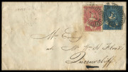 VICTORIA - Postal History: 1855 (Oct. 8) cover to Queenscliff with Campbell & Fergusson 1d deep lilac-rose (complete margins) & 3d blue SG.28b & 31b tied by barred oval '1' cancels, Melbourne departure backstamp, minor aging & damaged flap.