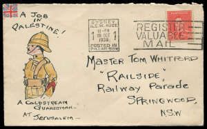 COMMONWEALTH OF AUSTRALIA: Postal History: 1935-1942 collection of 20 hand-illustrated envelopes (12 posted during WWII), all but one addressed to "Tom Whitford" in Springwood (NSW), sent from various NSW locations, the attractively-executed watercolour images include Australian soldiers in uniform all with patriotic captions including "Australia's Tank Corp will be there" & "A Job in Palestine/a Coldstream Guard at Jerusalem", one item (front only) is signed "W. Whitford", others are illustrate