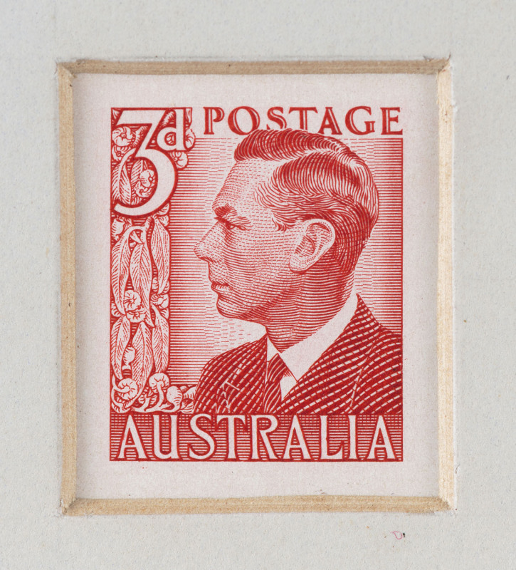 COMMONWEALTH OF AUSTRALIA: Other Pre-Decimals: Sunken Die Proof: 1950-52 3d scarlet King George VI, CBA cachet and numbered "8" on reverse, BW:251DP(1), Cat. $3000. Pristine! Ex Williamson. [Brusden White notes that eight were prepared]