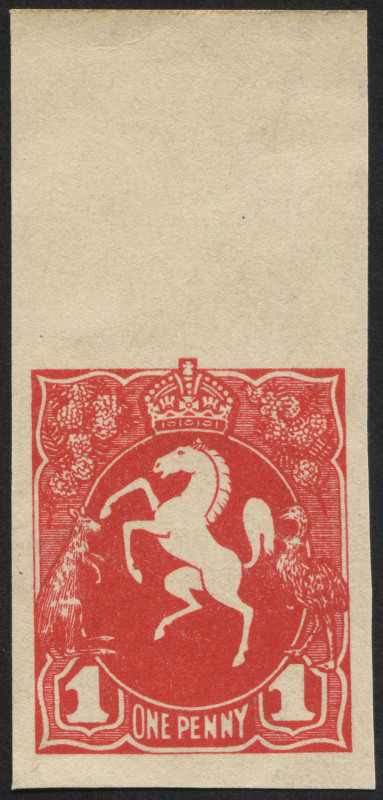 COMMONWEALTH OF AUSTRALIA: KGV Essays & Proofs: 1d "Prancing Horse" Essay in red on ungummed wove paper, superb marginal example. (see note in Brusden White, page 4/56)