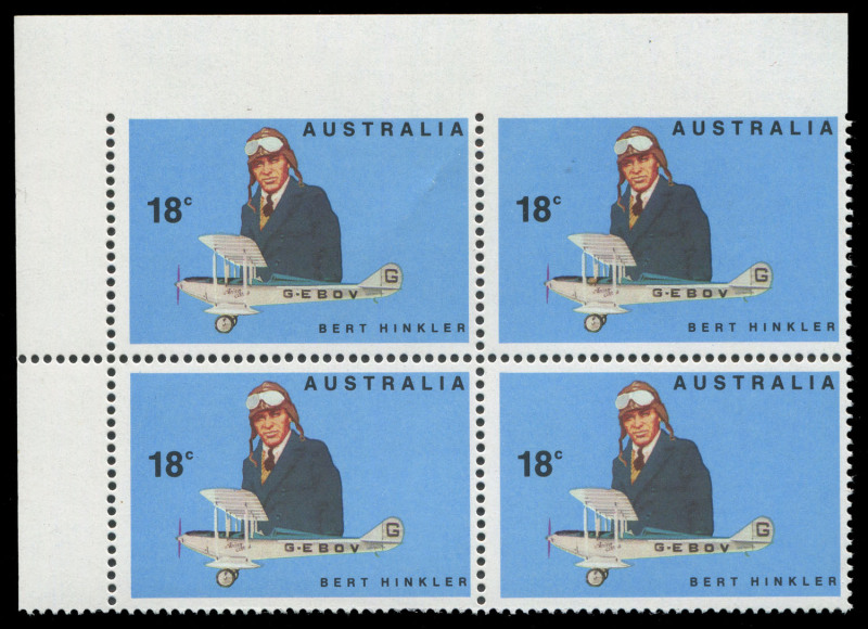 COMMONWEALTH OF AUSTRALIA: Decimal Issues: 1978 Aviators 18c Hinkler upper-left corner block of 4, variety "Imperforate between stamp and margin at top", fresh MUH, BW:791bb, Cat. $3000.