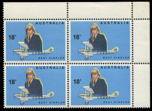 COMMONWEALTH OF AUSTRALIA: Decimal Issues: 1978 Aviators 18c Hinkler upper-right corner block of 4, variety "Yellow misplaced", fresh MUH, BW:791c, Cat. $600.