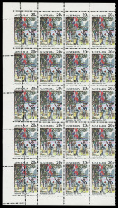 COMMONWEALTH OF AUSTRALIA: Decimal Issues: 1979 20c Australia Day, positional block of 20 (4x5) from left sheet, first vertical row showing "Misplaced perforations" BW:832b, Cat. $600++ [Only 2 sheets recorded with this variety]