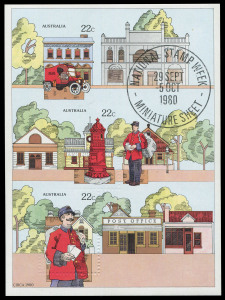 COMMONWEALTH OF AUSTRALIA: Decimal Issues: 1980 Stamp Week Miniature Sheet, variety "Imperforate with partial blind perforations" on lower two units, upper unit "Completely imperforate", BW:879b (variation), Cat $2500.