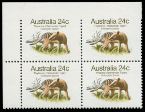 COMMONWEALTH OF AUSTRALIA: Decimal Issues: 1981-83 Endangered Species 24c Thylacine, upper-right corner block of 4 variety "Imperforate between stamps and margin at top", fresh MUH, BW:903b, Cat. $3000.