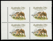 COMMONWEALTH OF AUSTRALIA: Decimal Issues: 1981-83 Endangered Species 24c Thylacine, upper-right corner block of 4 variety "Imperforate between stamps and margin at top", fresh MUH, BW:903b, Cat. $3000.