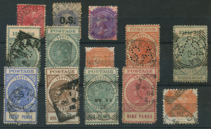 SOUTH AUSTRALIA - Postmarks: SOUTH AUSTRALIA - Postmarks: Rated Squared-Circle Datestamps with 'ISLINGTON' large-part 1912 strike on 1/- "Long Tom" and 'T.R. HEAD CAMP' part-strikes on 2d orange, both Rated 3R; large-part 'MANOORA' on 2d orange Rated R; other squared-circles on Long Toms with Beltana, Dawson, Williamstown, Wirrabara & Yarandale, also Type SC6 'NORWOOD' squared-circle strike in red, framed P.P Railway on 6d optd 'OS', unframed Blanche Town on 9d Long Tom.