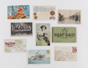 REST OF THE WORLD - Picture Postcards: World array predominantly 1900s-1930s era (few later) used or unused with Australian cards including Tasmania 1906 "Beauty Point, River Tamar" used to Kialla West (Vic), Robert Jolley "Botanic Gardens & Govt House" used, British including "Dr Barnado's Handbell Ringers" unused, also Bamforth "saucy" types plus sentimental cards, Egypt Port Said booklet with 12 coloured cards; others from Canada, NZ, Japan, USA; condition is quite mixed. (180+)