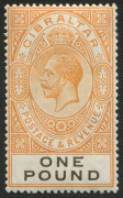 GIBRALTAR: 1927 (SG 107) KGV Script CA &pound;1 red-orange & black, MVLH, Cat: &pound;190, BPA Cerificate (1967).