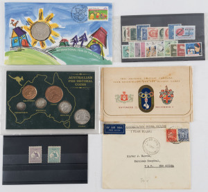 COMMONWEALTH OF AUSTRALIA: General & Miscellaneous: Balance of a consignment with some better items including Roos mint 1st Wmk 9d variety "Break in inner frame opposite PENCE" (Cat. $400) & 1/-, 1938 Australia-New Guinea FF cover, 1947 1d Princess Elizabeth & 1951 Foundation (2, toning) complete sheets, 1994 Year of the Family PNCs (2), 2000 Sydney Olympics album with sheetlets, 1996-2000 Olympic Games album of mostly FDCs; Territories with AAT stamp packs, also Pre-Decimals coin set & 1956 Mel