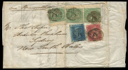 NEW SOUTH WALES - Postal History: 1859-61 inwards mail from United Kingdom to same addressee at Waterloo Warehouse in Sydney comprising 1859 3/3d franking entire from London with Emblems wing-margin 1/- green pair & single plus 2d blue and 1d red, 1860 c