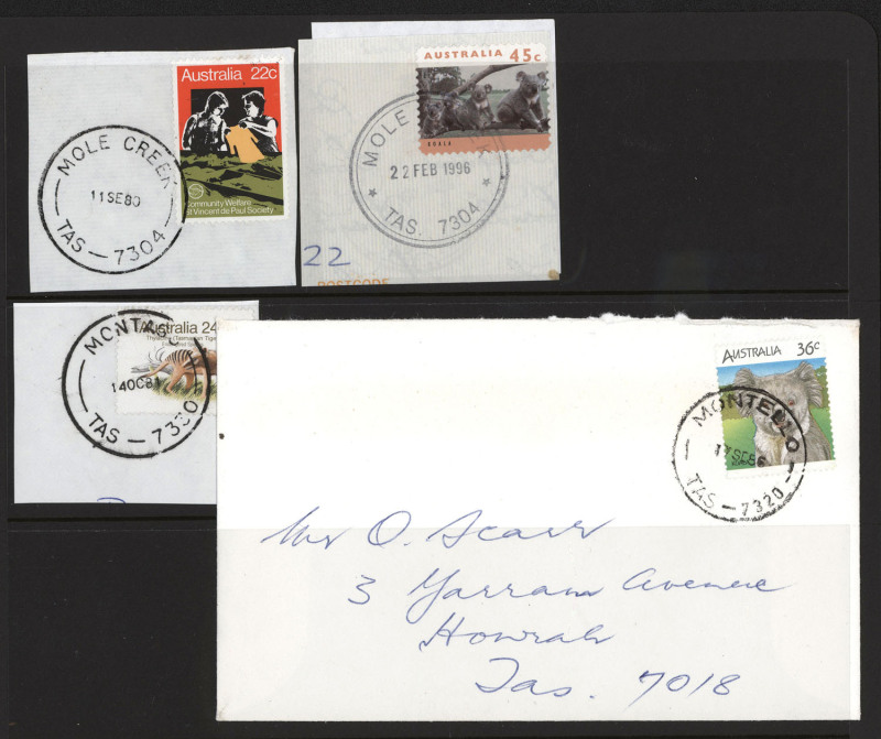 TASMANIA - Postmarks: "A" to "Z" postmark collection on covers and on piece in two albums, mostly 1980s-90s era with some earlier, good variety of types seen including "PAID AT..." & Relief cancels, many very fine and complete strikes sighted. Good lot.