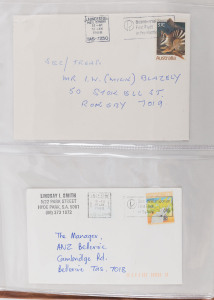 COMMONWEALTH OF AUSTRALIA: Postal History: 1940s-90s slogan cancels in three volumes mostly on covers, large variety of services and themes covered including airmail services, express post, national census, commonwealth rolls, mail centres, postal district, post early. etc. Would make a nice entry into a new collecting area.