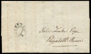 TASMANIA - Postal History: 1831 (May. 16) entire from Launceston to Elizabeth River with good to fine strike of Launceston double oval handstamp, used between 1829 and 1836. Very fine. Ex John Cress. Purchased in our November 2003 Sale for $2100+.