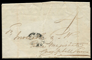 TASMANIA - Postal History: 1833 (Sep.2) Launceston to Campbell Town entire showing a good strike of the Type 2 double oval handstamp of Launceston, rated 4d following rate reductions introduced from Sep.27 1832, based on the weight/distance formula, (would have been 7d under the previous schedule.) Ex John Cress. Purchased in our November 2003 Sale for $1300.