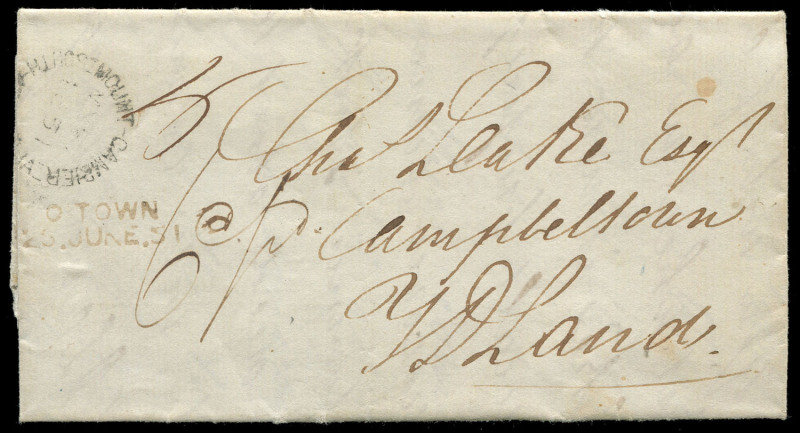 TASMANIA - Postal History: 1851 (May 15) Leake correspondence entire to Campbell Town with fine & largely complete strike of Mount Gambier departure datestamp and unofficial Campbell Town straight-line "C' TOWN/25.JUNE.51" arrival datestamp in black; rat