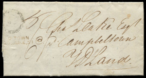 TASMANIA - Postal History: 1851 (May 15) Leake correspondence entire to Campbell Town with fine & largely complete strike of Mount Gambier departure datestamp and unofficial Campbell Town straight-line "C' TOWN/25.JUNE.51" arrival datestamp in black; rated 4d Adelaide to Hobart Town, 1d VDL inland fee & 6d ship mail. Only four items recorded with this handstamp, this being the earliest according to Campbell (at page 12). Ex John Cress. Purchased in our November 2003 Sale for $3100+.