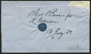 TASMANIA - Postal History: 1852 (July 13) Launceston to Campbell Town entire rated "4" with Type 2 Launceston departure datestamp, superb same day strike of boxed "CAMP TOWN/13 July 52" arrival handstamp. Very fine and attractive. Ex John Cress. Purchase - 2