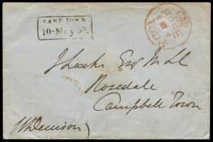 TASMANIA - Postal History: 1853 (May 9) cover sent from Hobart to Campbell Town with Type 3(b) Hobart "FREE/9MY9/1853" handstamp and fine boxed "CAMP TOWN/10 MAY53" arrival handstamp, endorsed at lower-left "WDenison", Lt Governor of the Colony and signatory to the November 1853 Postal Act. Ex John Cress. Purchased in our November 2003 Sale for $1250+.