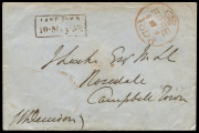 TASMANIA - Postal History: 1853 (May 9) cover sent from Hobart to Campbell Town with Type 3(b) Hobart "FREE/9MY9/1853" handstamp and fine boxed "CAMP TOWN/10 MAY53" arrival handstamp, endorsed at lower-left "WDenison", Lt Governor of the Colony and signa