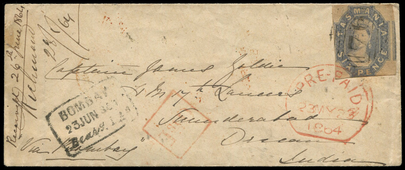 TASMANIA - Postal History: 1864 (May 23) cover to a military officer serving in Secunderabad, India with imperf 6d Chalon tied by BN "76" cancel of Richmond, Hobart inwards transit datestamp in red, Bombay boxed "23JUN" transit datestamp in black, Secun