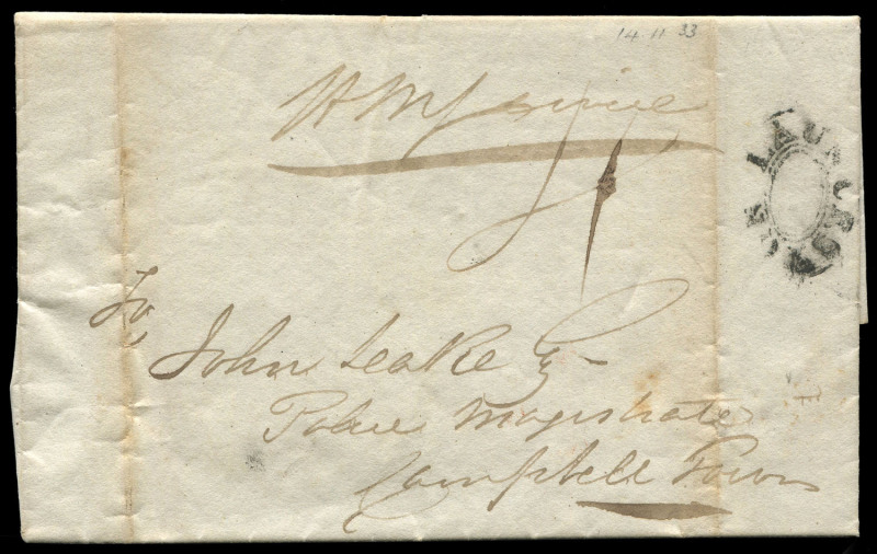 TASMANIA - Postal History: 1833 (Nov.14) Launceston to Campbell Town entire from "H.M. Service" from Lewis Gilles to John Leake showing a very good strike of the Type 2 double oval handstamp of Launceston, rated 4d following the Sep.27 1832 rate reductio