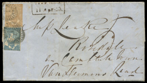 VICTORIA - Postal History: 1853 (April) Leake correspondence entire addressed to "Rosedale/nr Campbell Town" (Tasmania), prepaid as an article not exceeding ½oz for inland (2d) and ship (3d) letter rates with Half-lengths 3d blue SG.7 & 2d cinnamon SG.17