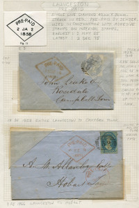 TASMANIA - Postal History: 1858 (Dec.15) Cornwall Fire and Marine Insurance Company printed notice with 6d dull lilac Chalon SG.40 tied by superb BN '59' cancel of Launceston paying short-lived 6d inland letter rate (Mar.1858 to Oct.1858), rare thus; also 1866 Launceston to Hobart cover franked with 4d Chalon SG.37 for the re-introduced 4d inland letter rate (from Nov.1858); both with Launceston Pre-Paid single-lined diamond departure handstamps, the latter with Hobart segmented-circle arrival