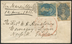 TASMANIA - Postal History: 1866 (Apr. 24) Hobart to England petite cover with imperf 4d Chalon (cut-into at left) and perforated 6d Chalon paying 10d per ½oz ship letter rate "Via Marseilles", Hobart-Town departure datestamp in red, on reverse fine Lynn (Norfolk) "JU11/65" arrival datestamp.
