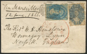 TASMANIA - Postal History: 1866 (Apr. 24) Hobart to England petite cover with imperf 4d Chalon (cut-into at left) and perforated 6d Chalon paying 10d per ½oz ship letter rate "Via Marseilles", Hobart-Town departure datestamp in red, on reverse fine Lynn