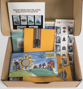 COMMONWEALTH OF AUSTRALIA: Decimal Issues: 1970s-90s assortment in stockbook and loose including stamp packs, gutter blocks booklets with Teapot of Truth prestige (2); also PNCs 1995 Year of Family, 1995 Dunlop (2), 2002 Accession (Retail $100+), 2003 Golden Jubilee (2), total mint F/V: $200+. (qty)