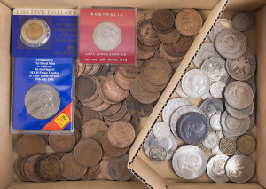 Coins - World: Accumulation with many polished/cleaned including Great Britain 1819 & 1915 half crowns and 1897 2d Cartwheel, 1819 Russia 1897 1r, Australia 1937 Crowns x2; also lots of Australian pennies (again some cleaned) and uncirculated 1994 $5 Enfranchisement. Worthy of a closer look. (150 approx)
