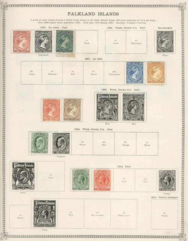 REST OF THE WORLD - General & Miscellaneous Lots: Fragmentary world collection in Gibbons "Ideal" album noting useful Australian Colonies, GB including QV to 10/- (trimmed) and KEVII to 10/-, also Falklands QV 6d (2), 9d & 1/- unused, plus Bechuanaland,