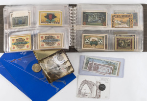 Coins & Banknotes: General & Miscellaneous Lots: Miscellany with album of German "Notgeld" (emergency) currency from numerous issuers with many attractive designs, some well circulated others fine/very fine (70+ items); also tin of assorted coins including circulated silver Great Britain 1929 half crown, Australia 1924 florin G/VG, 1927 Canberra florin F, other silver including GB four pence (pierced), plus few modern medallions, banknotes, etc.