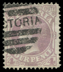 VICTORIA: 1885-95 (SG.300b) 4d lilac Error of Colour, strong original colour and full perfs, tidy Melbourne duplex cancel, expertised by Purves on reverse, Cat &pound;1700. Very fine example of a rare stamp.