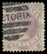VICTORIA: 1885-95 (SG.300b) 4d lilac Error of Colour, strong original colour and full perfs, tidy Melbourne duplex cancel, expertised by Purves on reverse, Cat &pound;1700. Very fine example of a rare stamp.