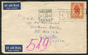 AUSTRALIA: Other Pre-Decimals: 1959-64 (SG.322) 1/6d Christmas Bells tied by 1963 (Mar 8) ADELAIDE Royal Visit slogan cancel to small cover addressed to Ceylon, flap faults. Very scarce solo franking paying British Asia 1/6d airmail rate.
