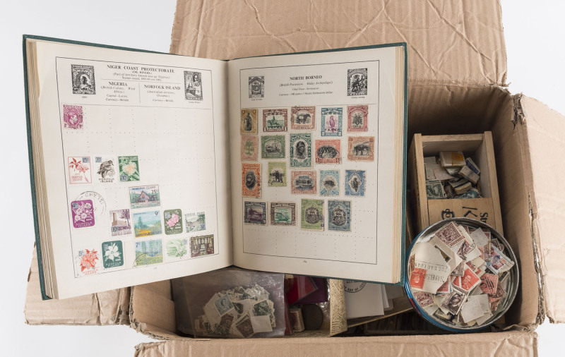 REST OF THE WORLD - General & Miscellaneous Lots: Assortment with three "junior" albums, some modest pickings including North Borneo 1911 25c & 50c with 'REV/ENUE' perfins (inverted on 25c), also Australia Foster's Lager advertising envelope unused, enve