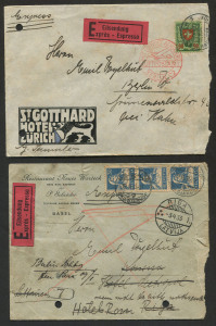 SWITZERLAND - Postal History: 1932-36 Hotel covers various European destinations including 1932 express to Berlin with 90c Arms solo and octagonal "TELEGRAPH/ZURICH-BAHNHOF' backstamp, 1933 Express with 30c Tell strip of 3 to Riga, Latvia re-directed to Berlin with "Prise de la boite aux lettres" handstamp on reverse, others all with 30c frankings, some with advertising corners or with slogan postmark interest, condition variable, many with filing punctures.