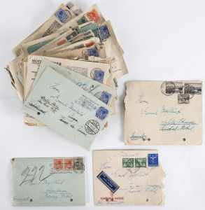 NETHERLANDS: 1932-34 mostly commercial hotel covers, nearly all sent at 12½c surface rate to various European destinations, plus two 1934 17½ airmail rate to Oslo. As well as 12½ solos franking there are some unusual combination frankings making up the 12½c rates, some covers with advertising corners or with slogan postmark interest, condition quite variable, many with filing punctures. (55)